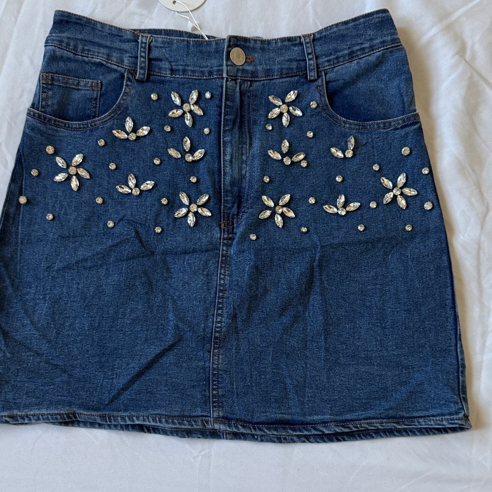 Pastels Blue Denim Skirt with Floral Accents